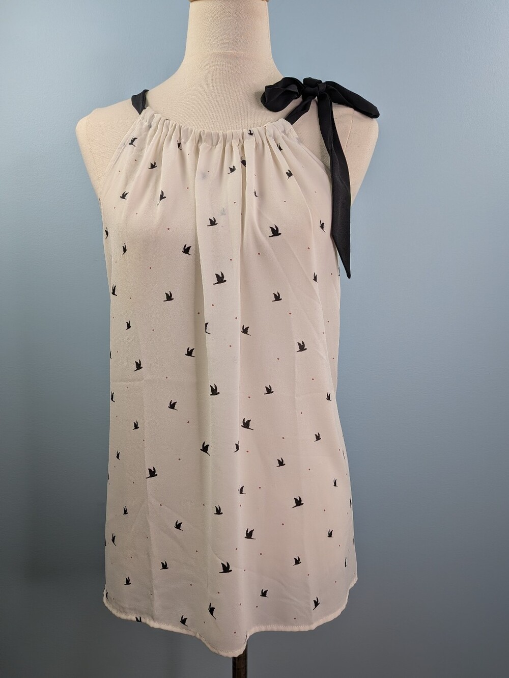 LOFT halter top Flowy Cream Shoulder Bow Black Swallow Bird Print Large